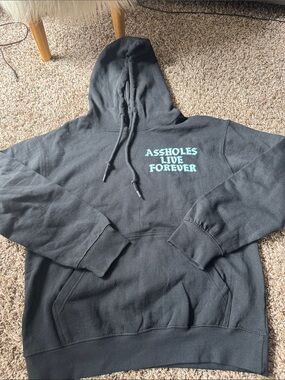 Black Hoodie with Teal Text - Assholes Live Forever